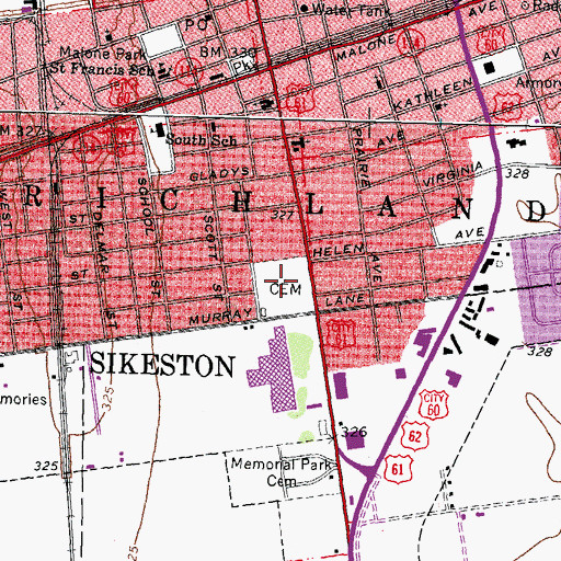 Topographic Map of City Cemetery, MO