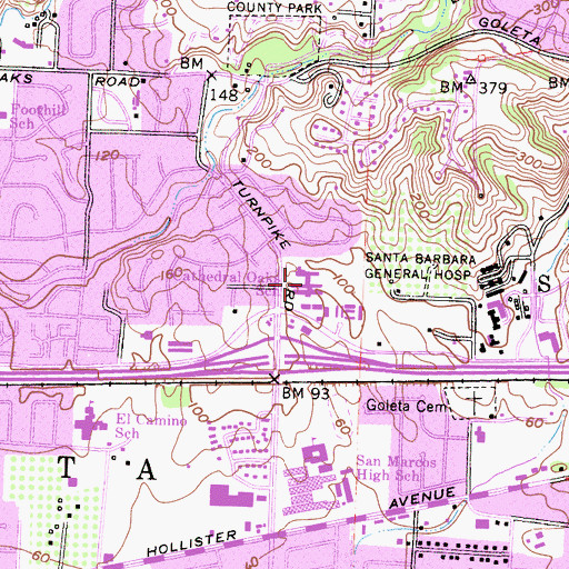 Topographic Map of Cathedral Oaks School, CA
