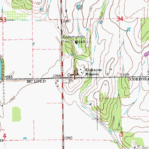 Topographic Map of Kickapoo Cemetery, OK