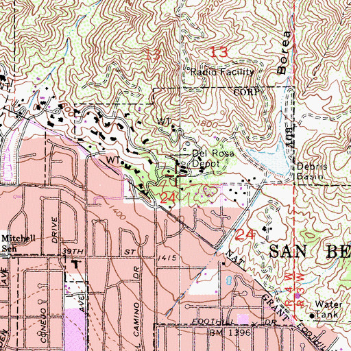 Topographic Map of Del Rosa Depot, CA