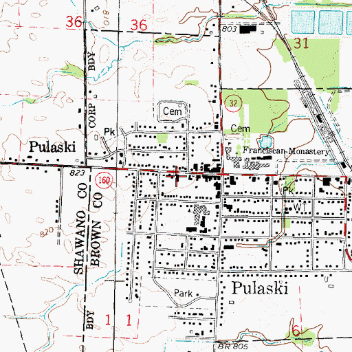 Topographic Map of Brown County Library Pulaski Branch Library, WI