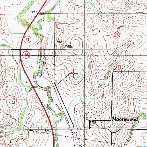 Topographic Map of Moorewood Cemetery, OK