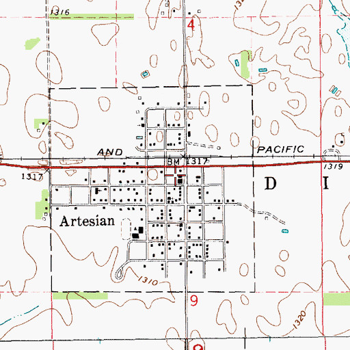 Topographic Map of Artesian Post Office, SD