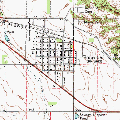 Topographic Map of Bonesteel Post Office, SD