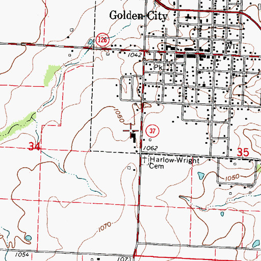 Topographic Map of Golden City Elementary School, MO