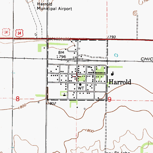 Topographic Map of Harrold Post Office, SD