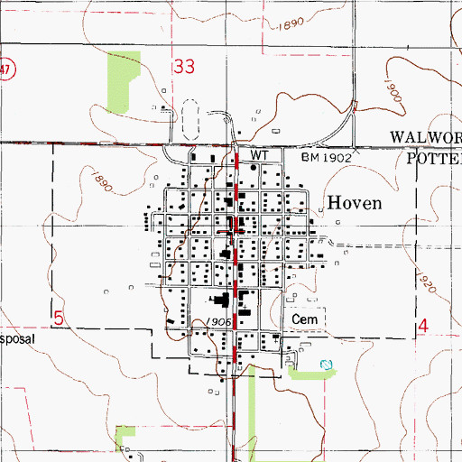 Topographic Map of Hoven Post Office, SD