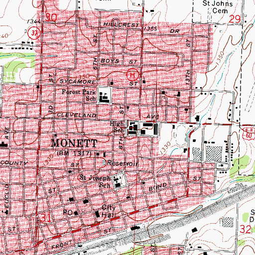 Topographic Map of Monett Middle School, MO