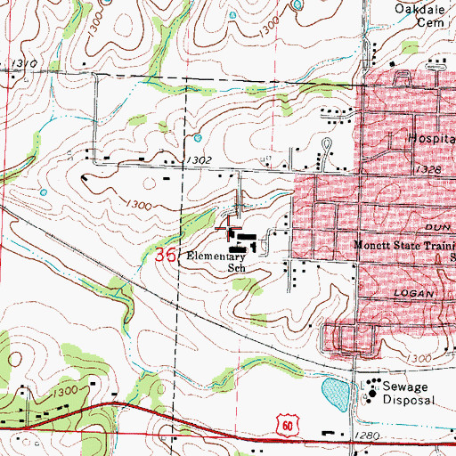 Topographic Map of Monett Elementary School, MO