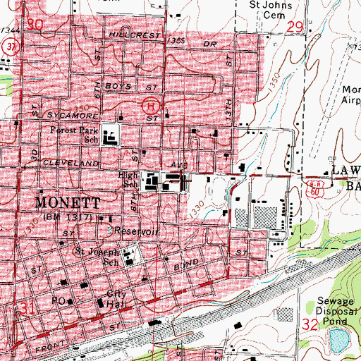 Topographic Map of Monett Intermediate School, MO