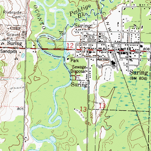 Topographic Map of Suring Wastewater Treatment Plant, WI