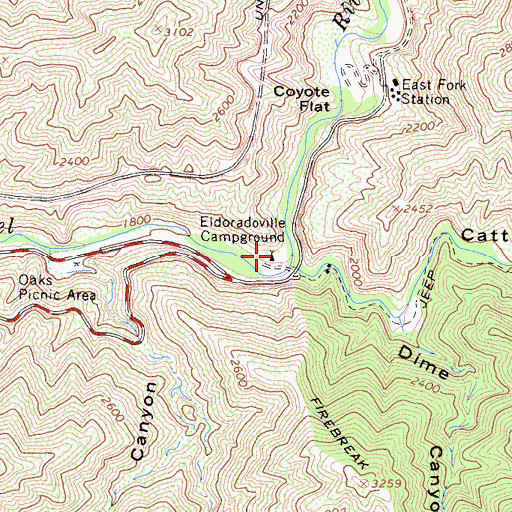 Topographic Map of Eldoradoville Campground, CA