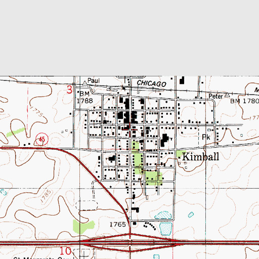 Topographic Map of Kimball Post Office, SD