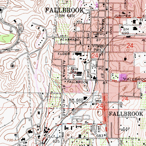 Topographic Map of Fallbrook Street Elementary School, CA