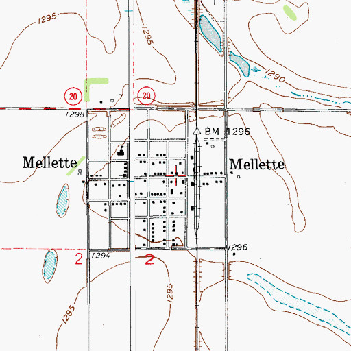 Topographic Map of Mellette Post Office, SD