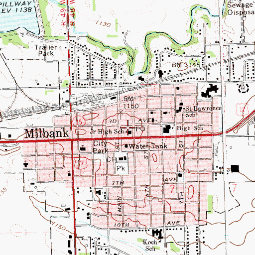 Topographic Map of Milbank Post Office, SD
