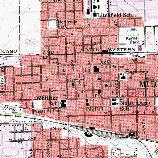 Topographic Map of Mitchell Post Office, SD