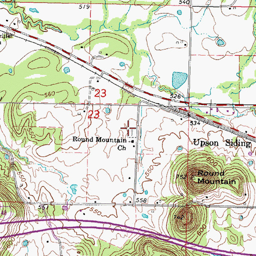 Topographic Map of Round Mountain Cemetery, OK