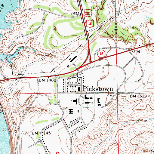 Topographic Map of Pickstown Post Office, SD