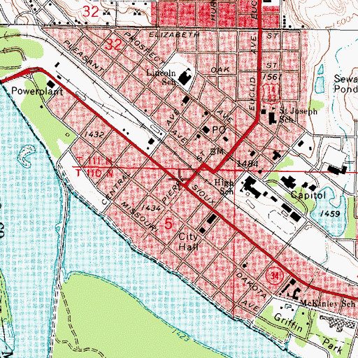 Topographic Map of Pierre Post Office, SD