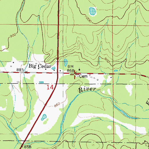 Topographic Map of Big Cedar Cemetery, OK