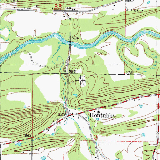 Topographic Map of Hontubby Cemetery, OK