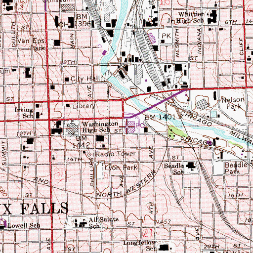 Topographic Map of Sioux Falls Post Office, SD