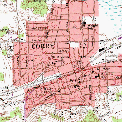 Topographic Map of Corry Public Library, PA