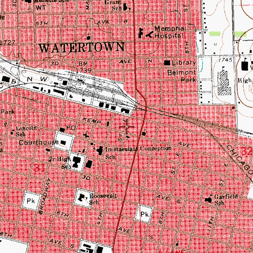 Topographic Map of Watertown Post Office, SD