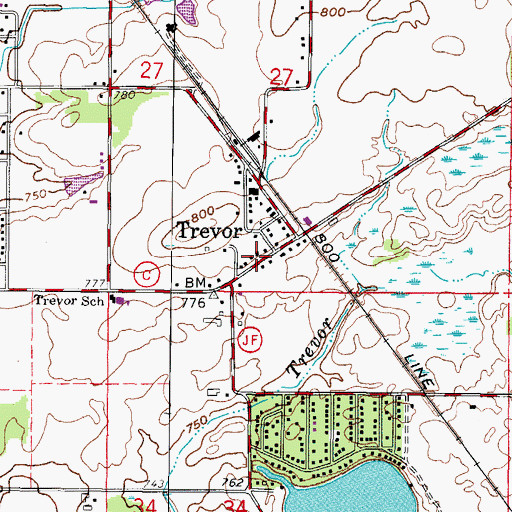 Topographic Map of Trevor Post Office, WI