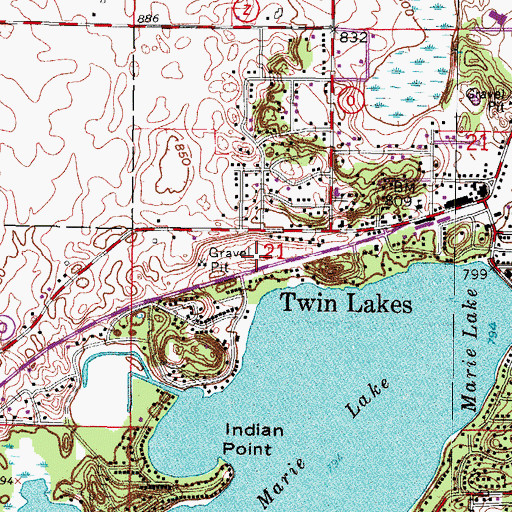 Topographic Map of Twin Lakes Post Office, WI