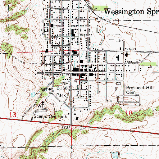 Topographic Map of Wessington Springs Post Office, SD