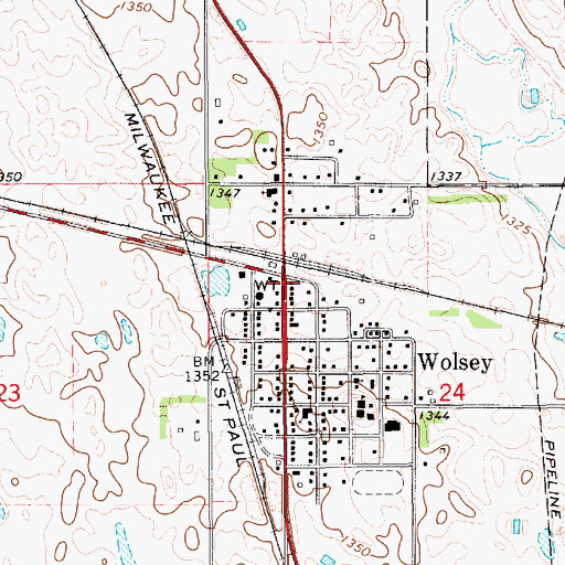 Topographic Map of Wolsey Post Office, SD