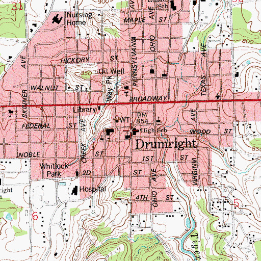 Topographic Map of Drumright High School, OK