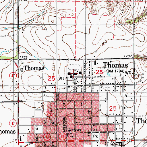 Topographic Map of Thomas - Fay - Custer Unified High School, OK