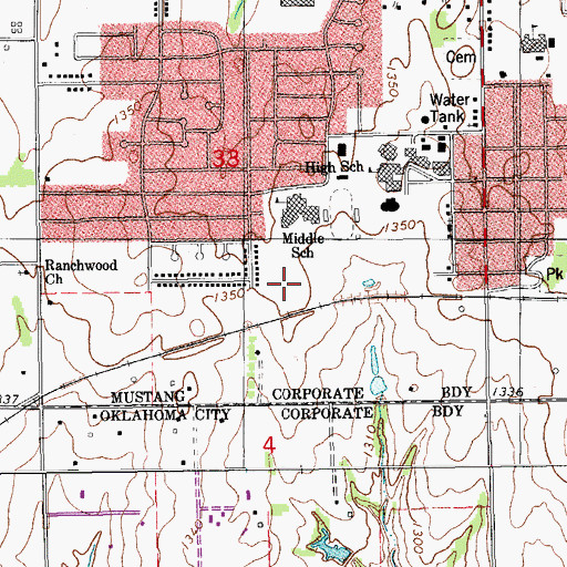 Topographic Map of Mustang Middle School, OK