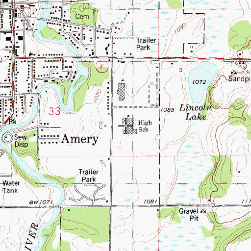 Topographic Map of Amery High School, WI