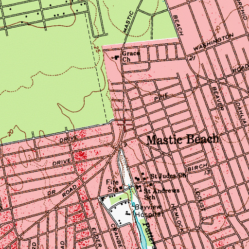 Topographic Map of Mastic Beach Post Office, NY