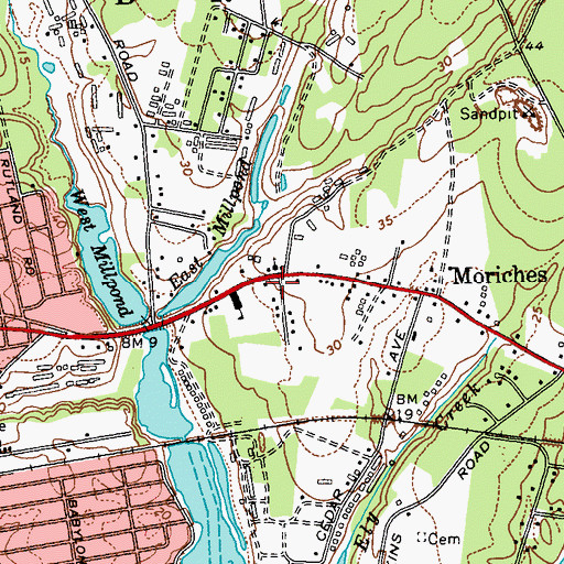 Topographic Map of Moriches Post Office, NY