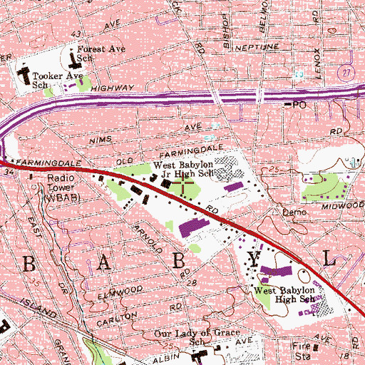 Topographic Map of West Babylon Public Library, NY