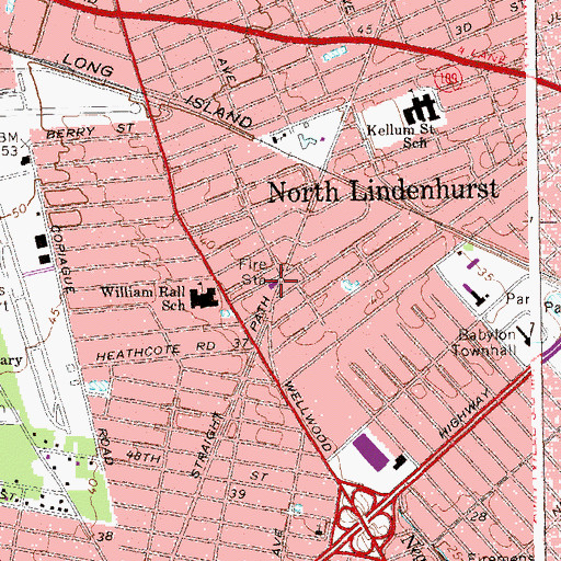 Topographic Map of North Lindenhurst Fire Station, NY