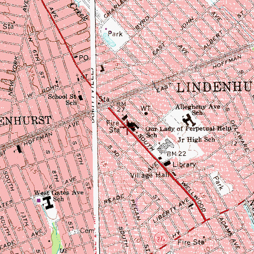 Topographic Map of Lindenhurst Volunteer Fire Station, NY