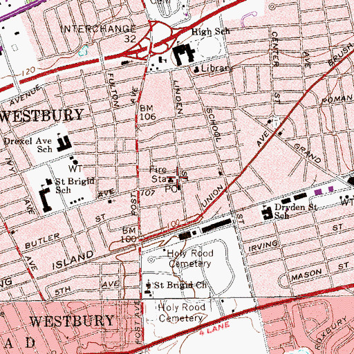 Topographic Map of Westbury Fire Department, NY