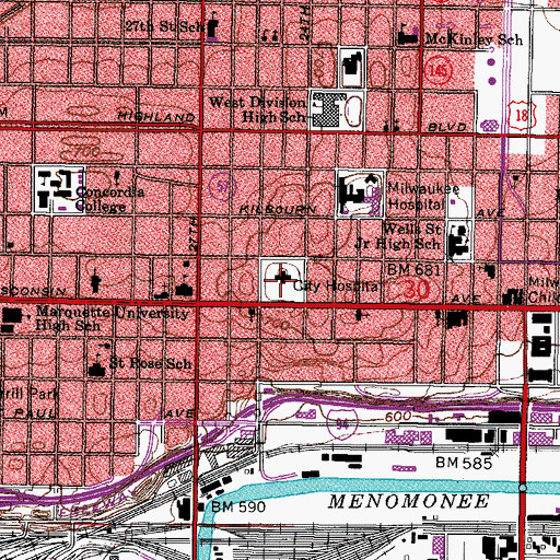 Topographic Map of Grand Avenue Middle School, WI