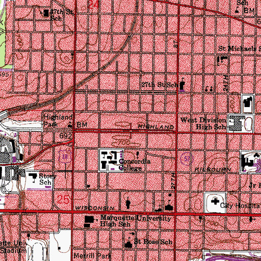 Topographic Map of Highland Community School, WI
