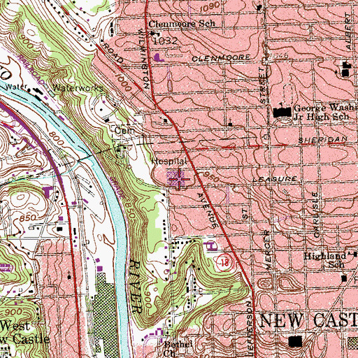 Topographic Map of UPMC Jameson Hospital - North Campus, PA
