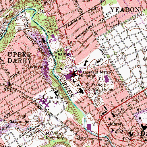 Topographic Map of Kindred Hospital Delaware County, PA
