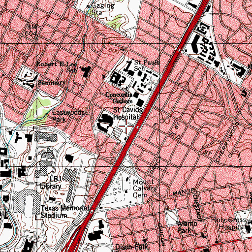 Topographic Map of Austin Lakes Hospital, TX