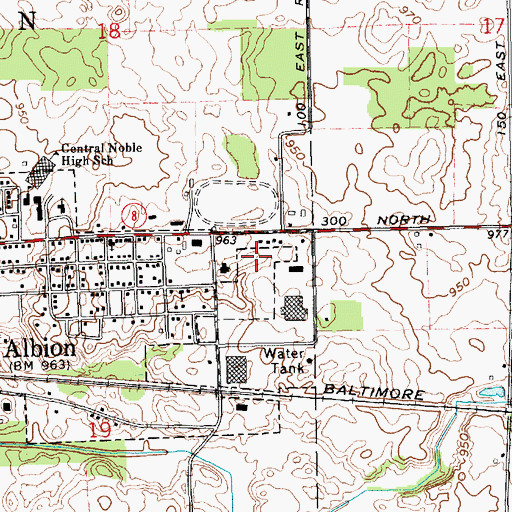 Topographic Map of Noble County Emergency Medical Services - Albion Quarters, IN