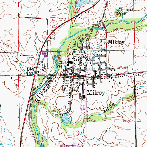 Topographic Map of Milroy Emergency Medical Services, IN